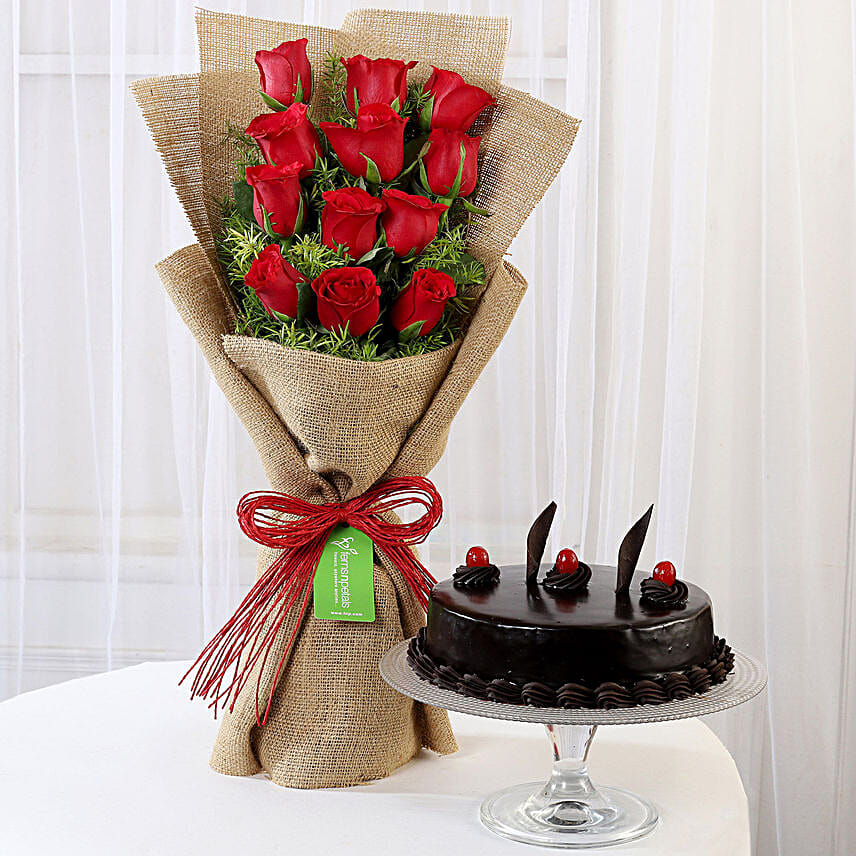 12 Red Roses Bouquet with Birthday Cake