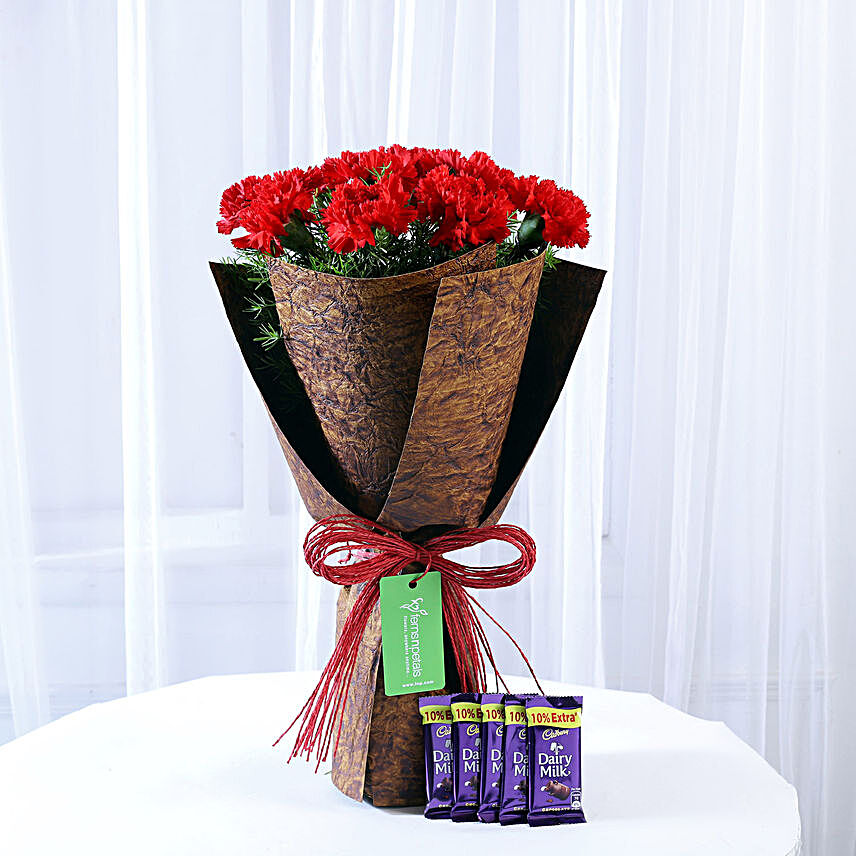 12 Red Carnations Bouquet & Dairy Milk Combo