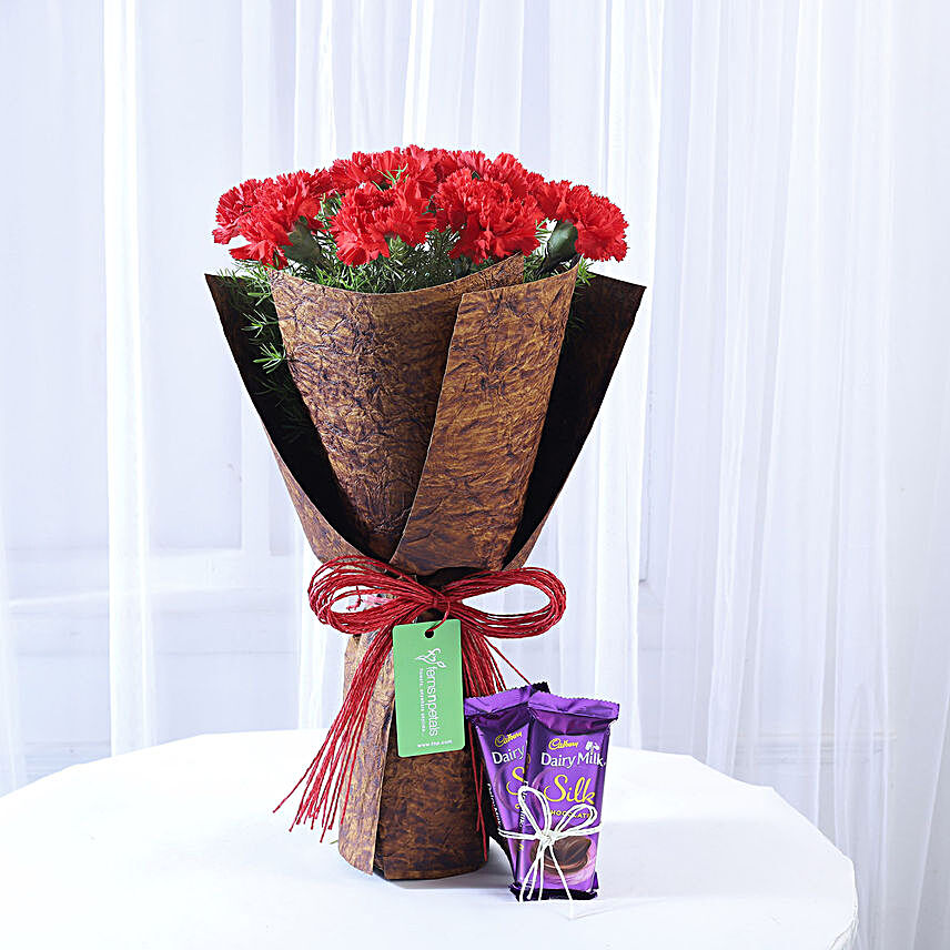 12 Red Carnations Bouquet & Dairy Milk Silk Combo
