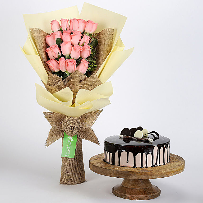 20 Pink Roses Bouquet & Choco Cream Cake
