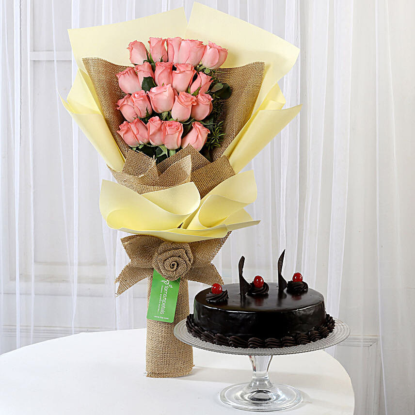 20 Pink Roses Bouquet & Truffle Cake