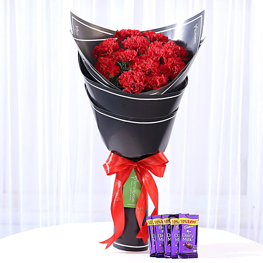 Beautiful 12 Red Carnations & Dairy Milk Combo