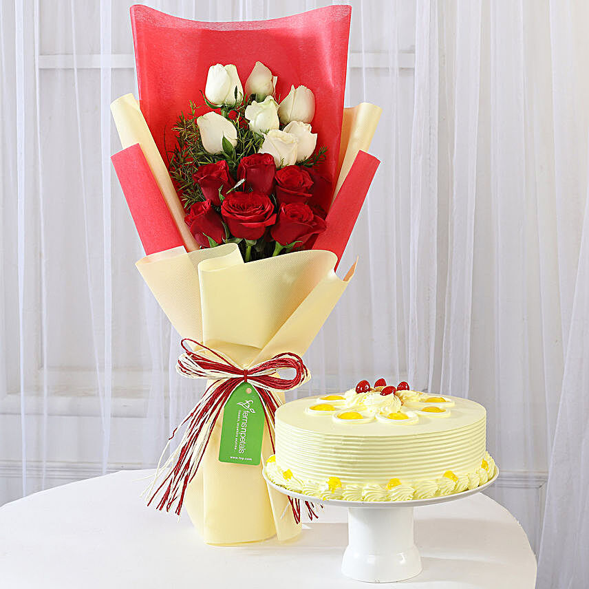 Butterscotch Cake & Red & White Roses Bouquet