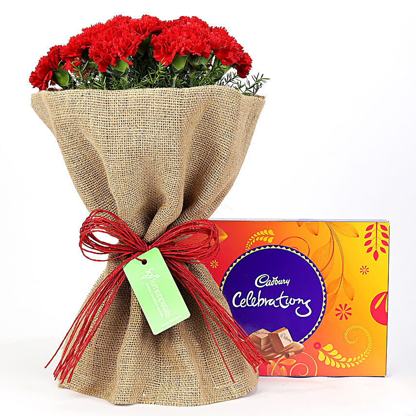 Celebrations Box & 12 Red Carnations Bouquet