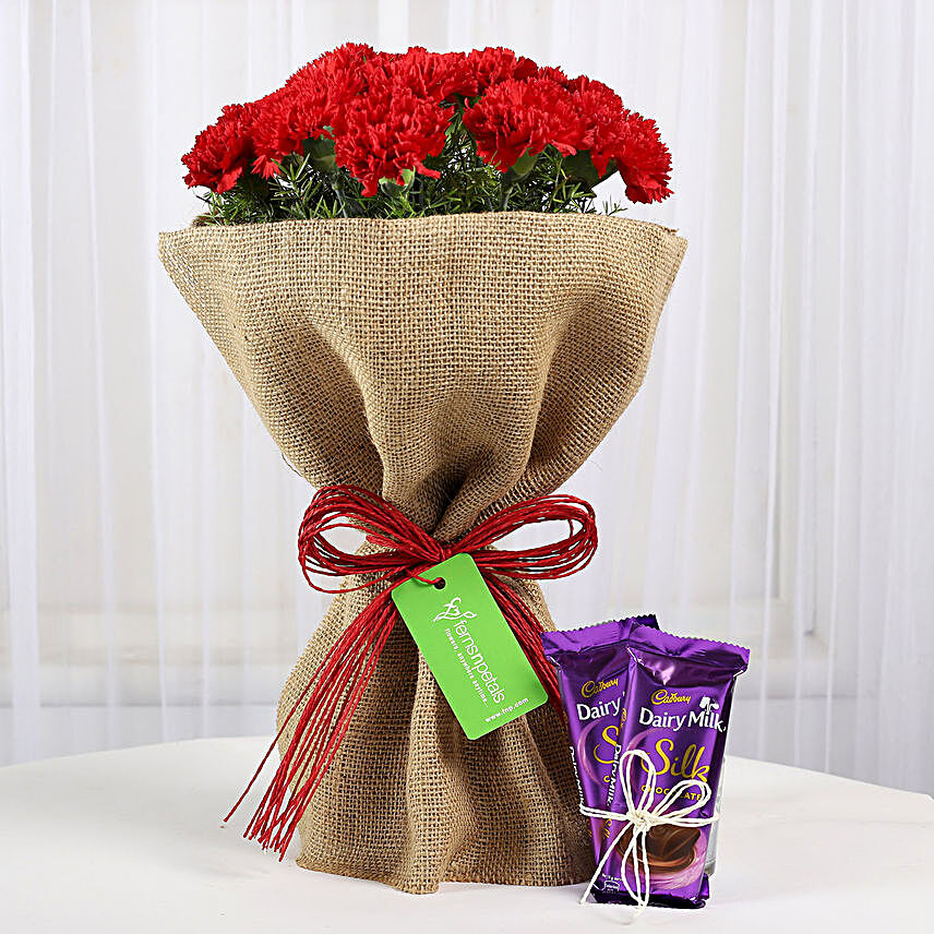 Dairy Milk Silk & 12 Red Carnations Bouquet Combo