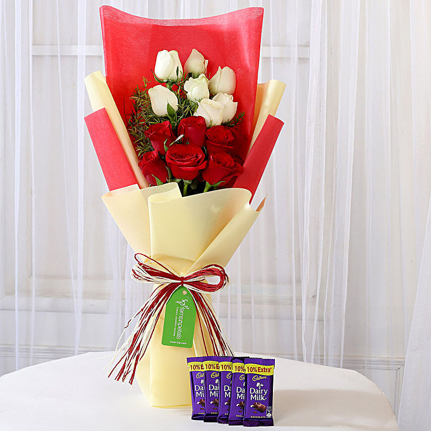 Dairy Milk with Red & White Roses Bouquet
