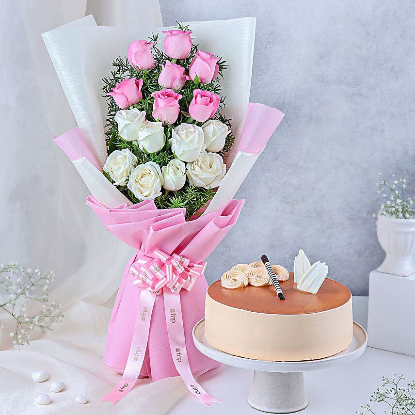 Pink and White Roses Bouquet with Cake Combo:Flowers & Cakes for Birthday