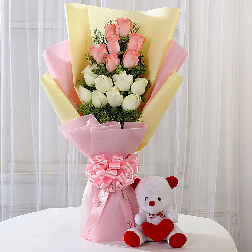 Pink & White Roses with Teddy Bear Combo