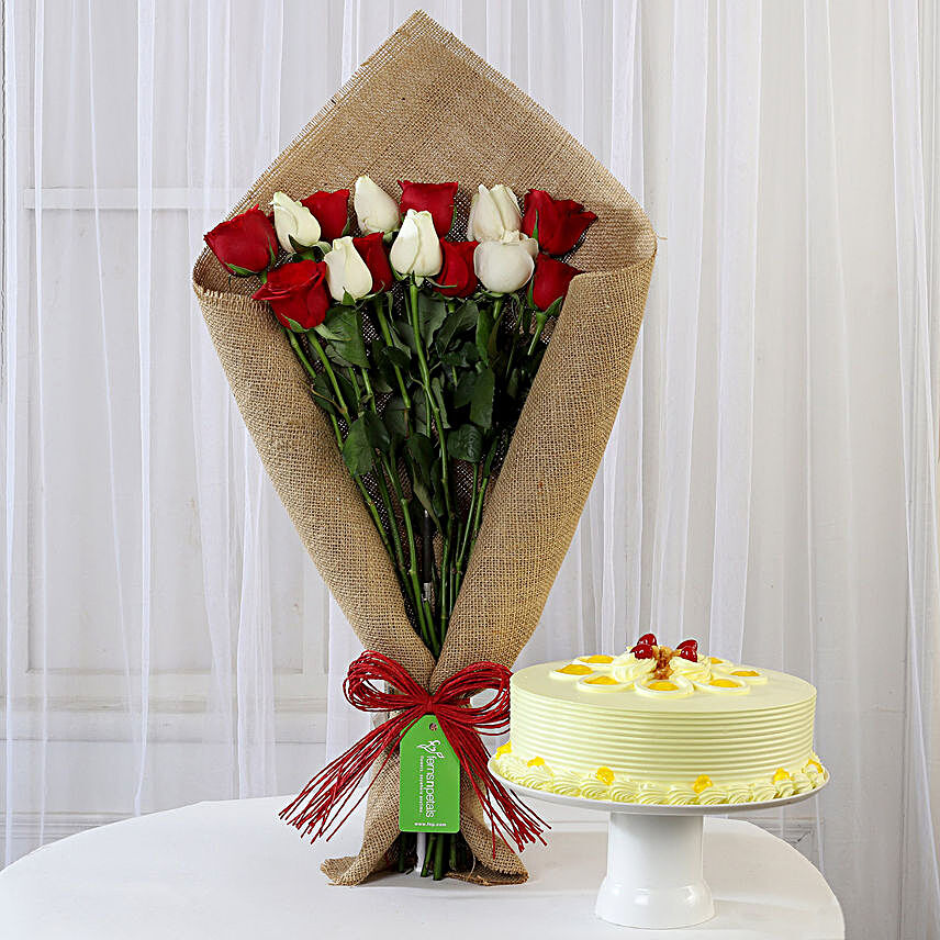 Red & White Roses with Butterscotch Cake