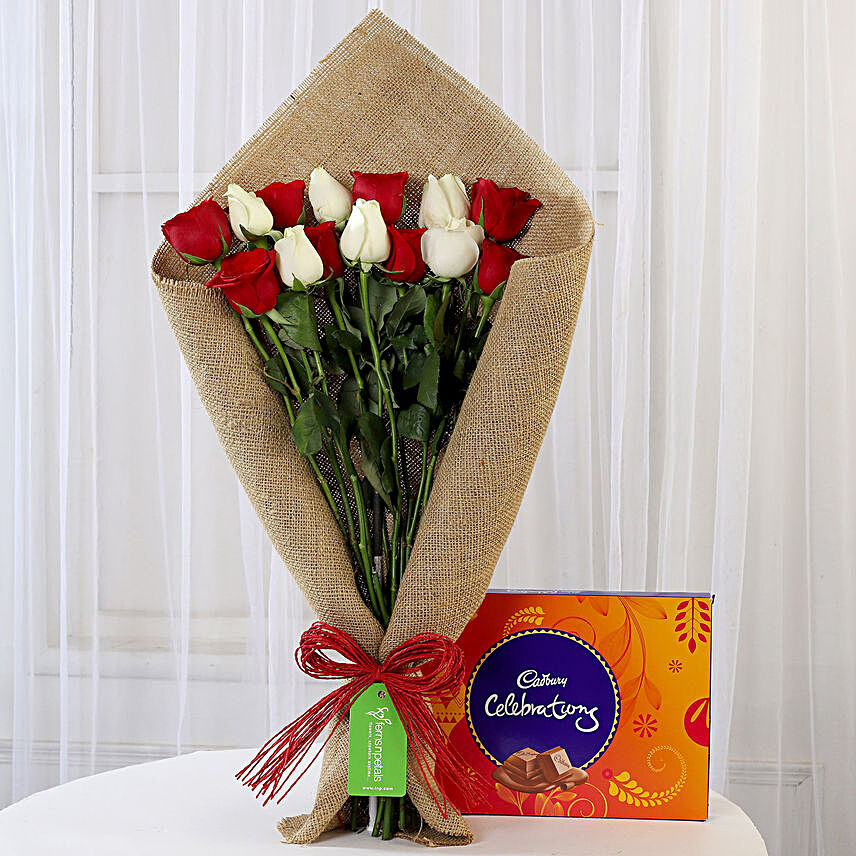 Red & White Roses with Cadbury Celebrations