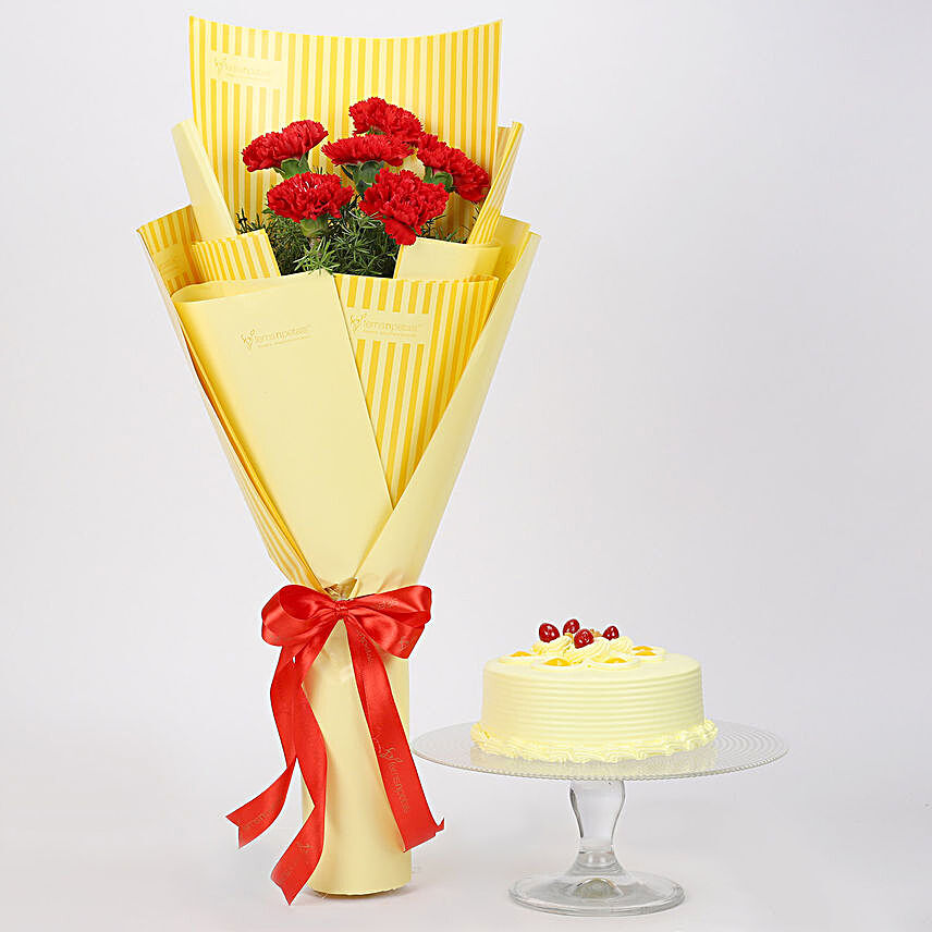 6 Red Carnations & Butterscotch Cake