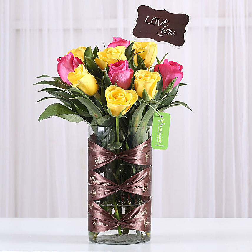 Dark Pink & Yellow Roses in Glass Vase