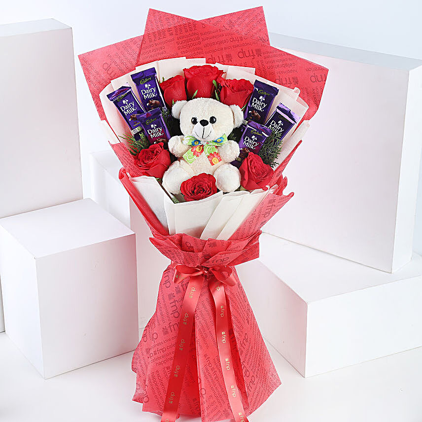 Divine Love - Bunch of 6 Red Roses with 6inch cute Soft & 5 Cadbury . gifts:Gift Hampers Bengaluru