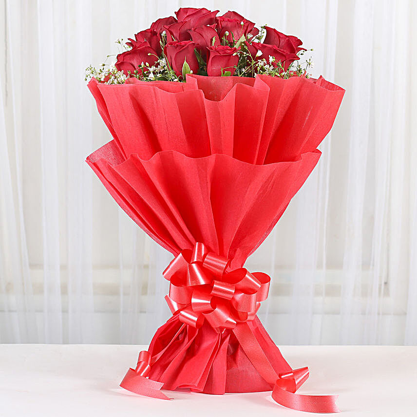 Love Around - Bunch of 12 Long Stem Red Roses inred paper packing.:Splendid Flower Bouquets
