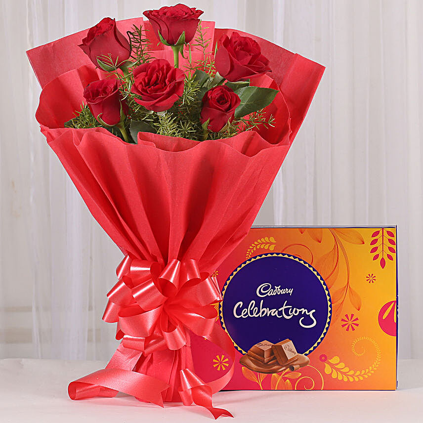 Red Sensation - Bunch of 6 Red Roses with Cadbury Celebration  box.:Teachers Day Combos