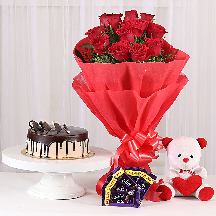 Softy Roses Hamper - Bunch of 12 Red Roses with Soft toy, Chocolates & 500gm Chocolate