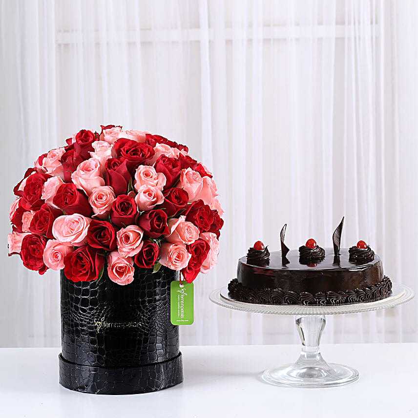 80 Red & Pink Roses Box & Truffle Cake