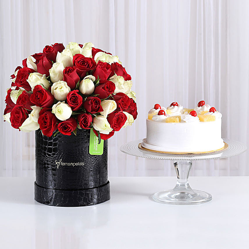 80 Red & White Roses Box with Pineapple Cake