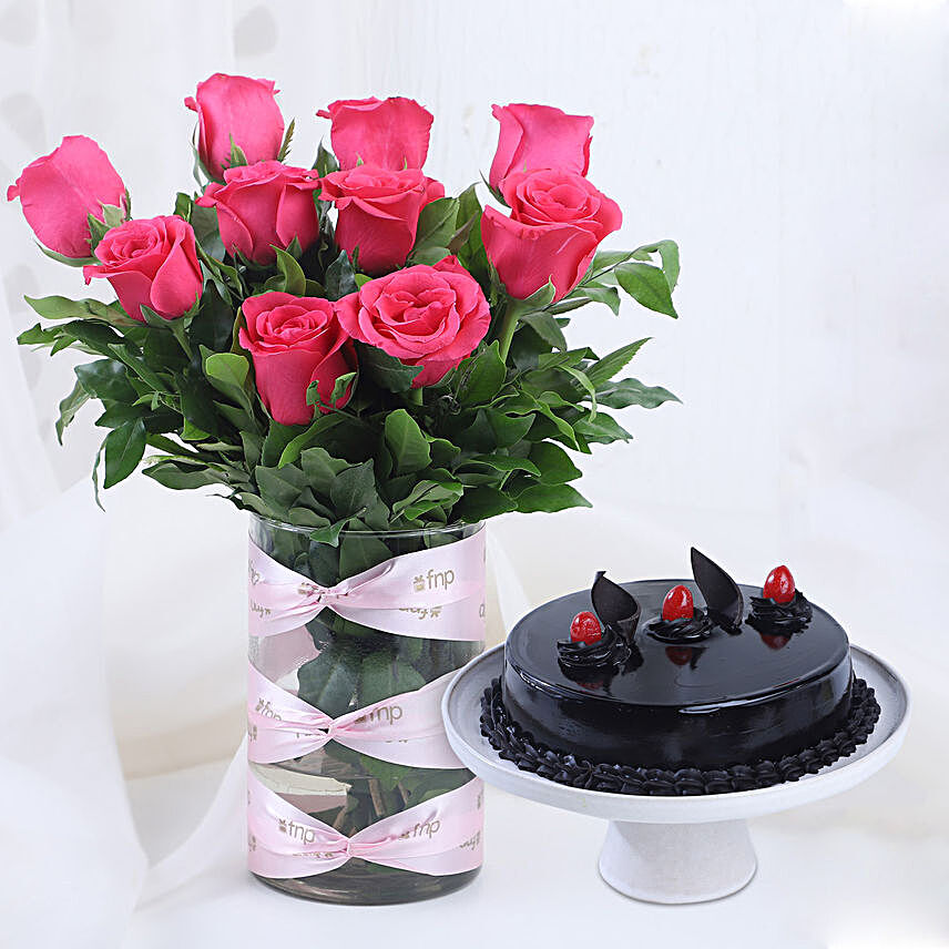 pink roses in attractive vase with truffle cake combo:Flower Combos