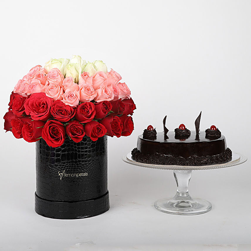 Mixed roses in box & truffle cake online