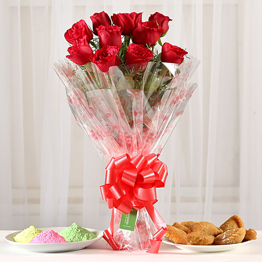 Classic Red Roses Bouquet With Gulal & Gujia
