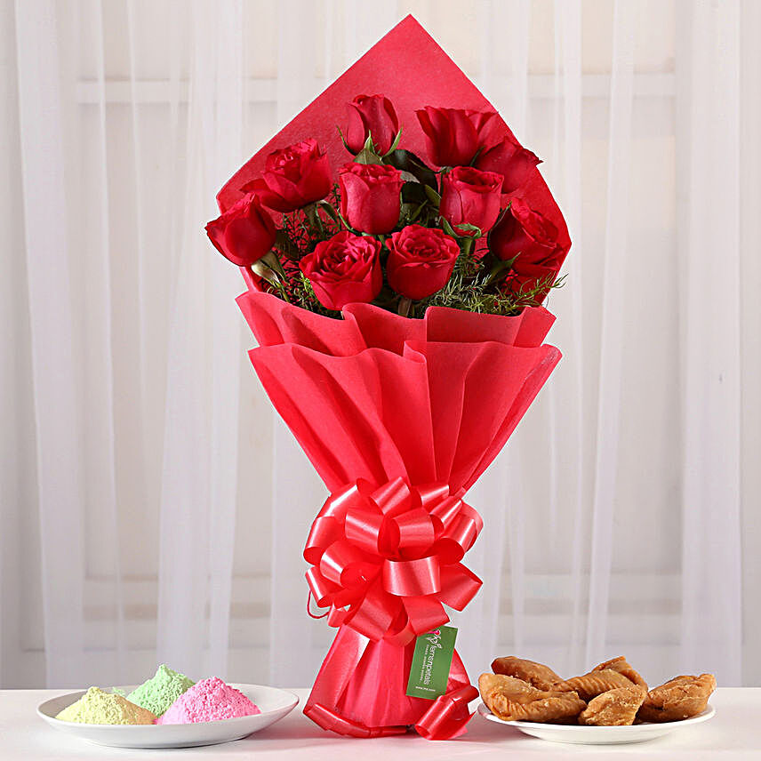 Red Roses Bouquet With Gujia & Gulal