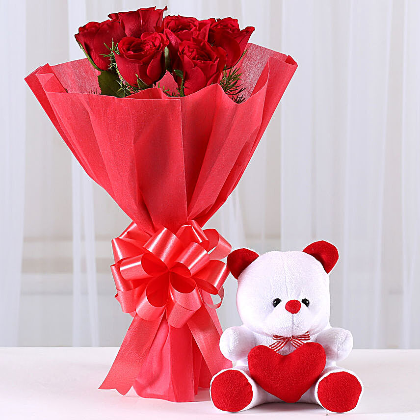 Flowerly and Fluffily Yours - Gift hamper of 6 Red Roses along with 1 small . gifts