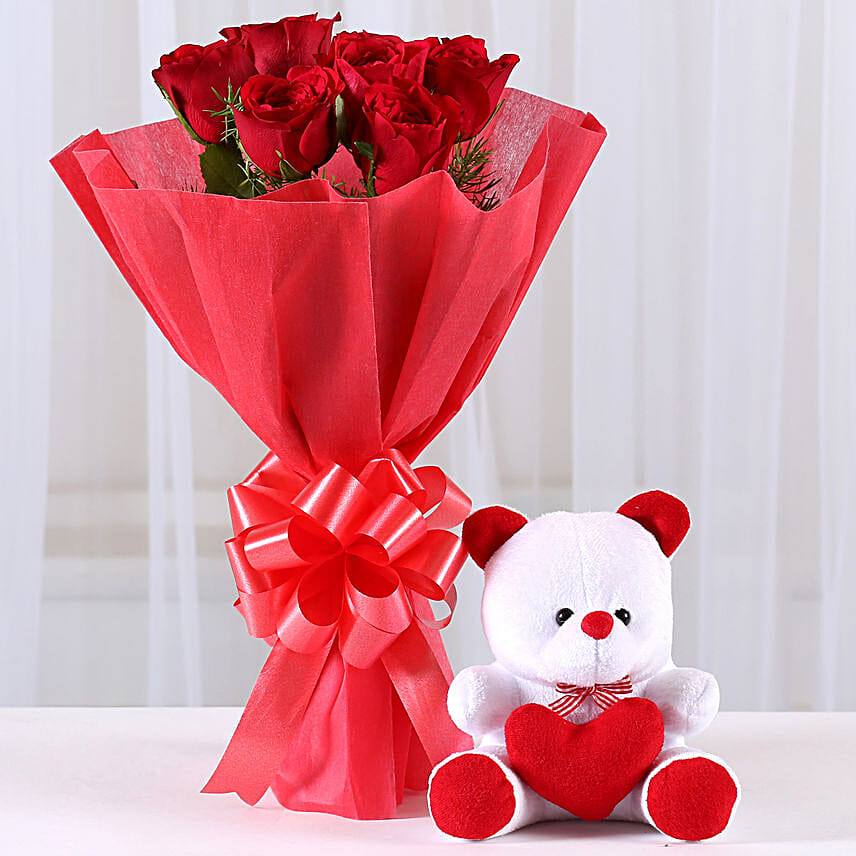 Red Roses Bouquet & Teddy Bear Combo