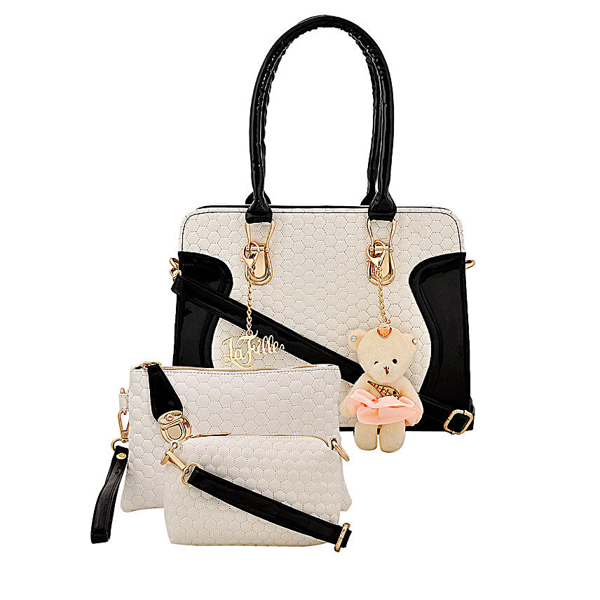 LaFille Teddy Keychain Handbag Set- Black & White