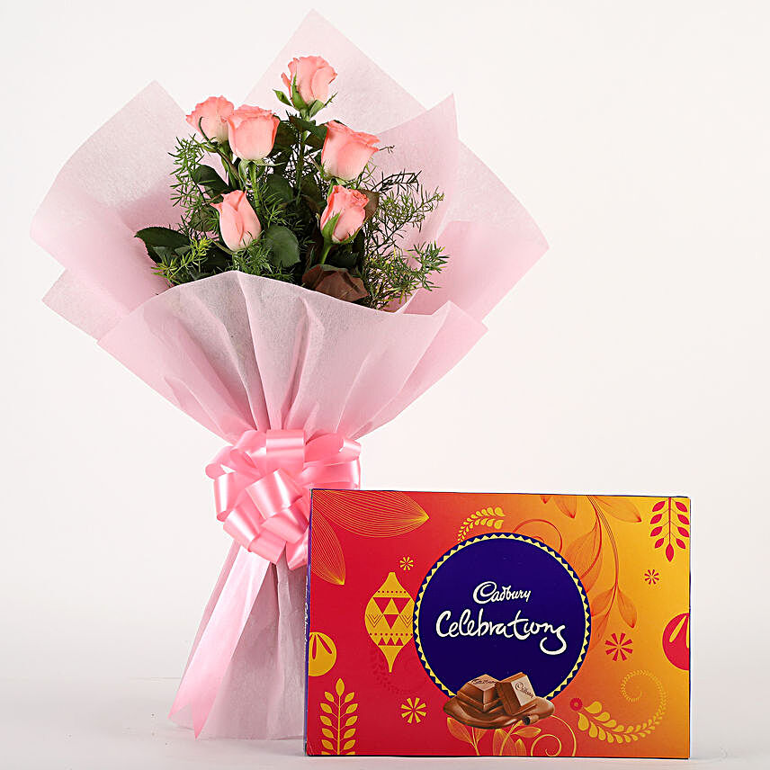 Pink Roses N Chocolates - Bunch of 6 Pink Roses with Cadbury Celebration Pack 119gms. choclates womens day women day woman day women's day