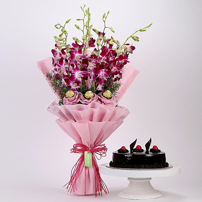 Online Truffle Cake and Ferrero Orchids Bouquet