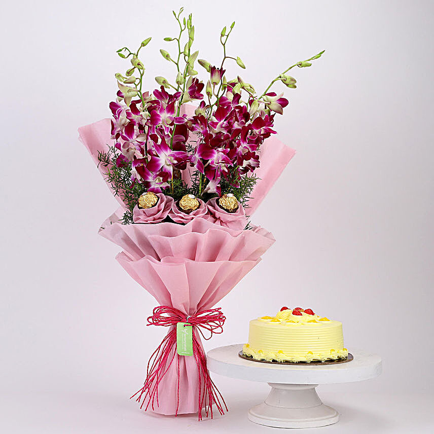 Chocolaty Orchids Bouquet & Butterscotch Cake