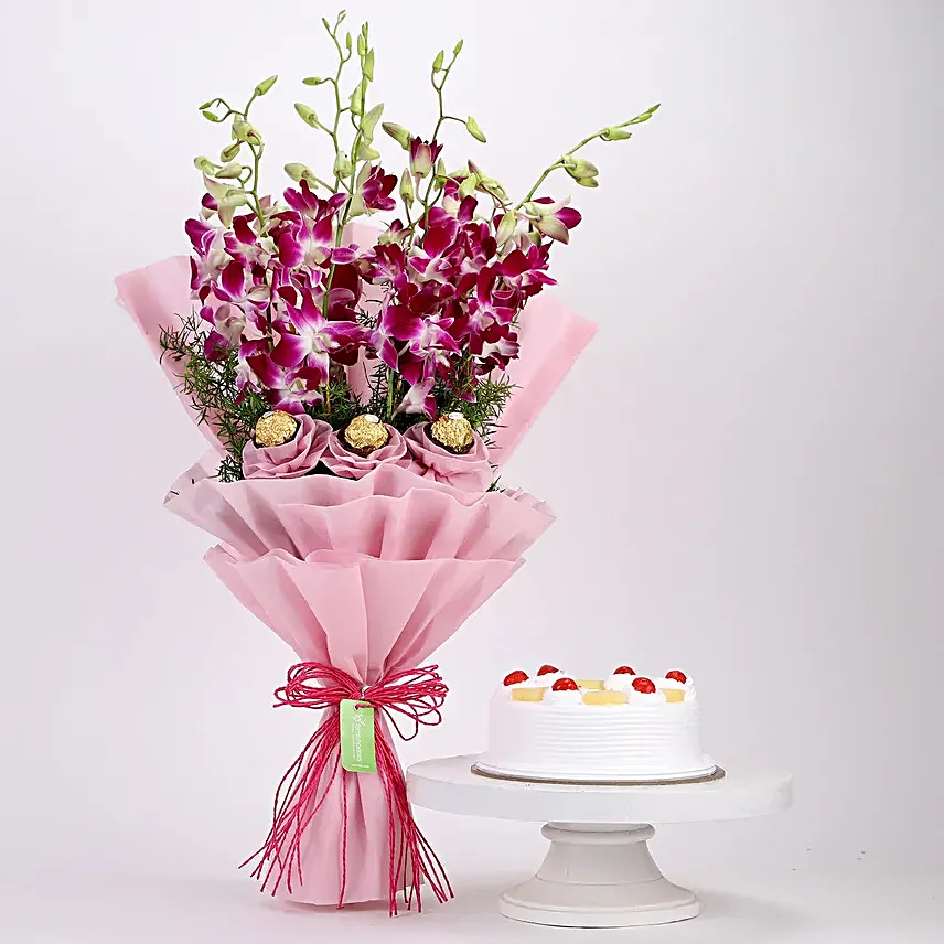 Online Pineapple Cake and Ferrero Orchids Bouquet