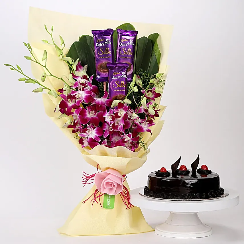 Online Dairy Milk & Orchids With Truffle Cake:Combo Gifts