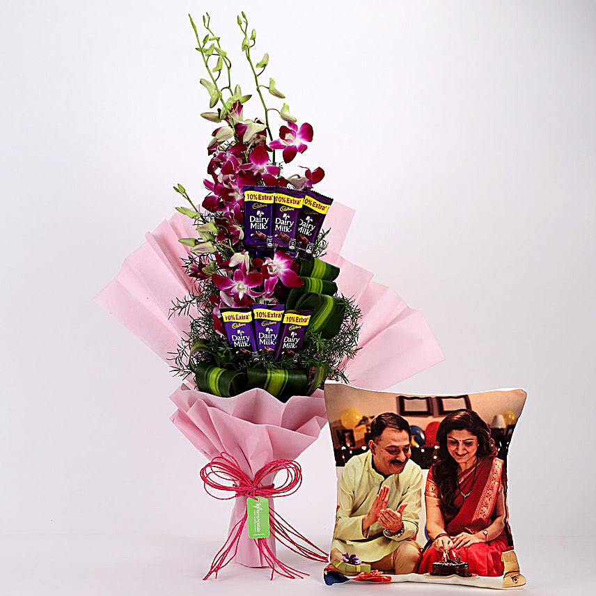 Personalised Cushion Purple Orchids Posy