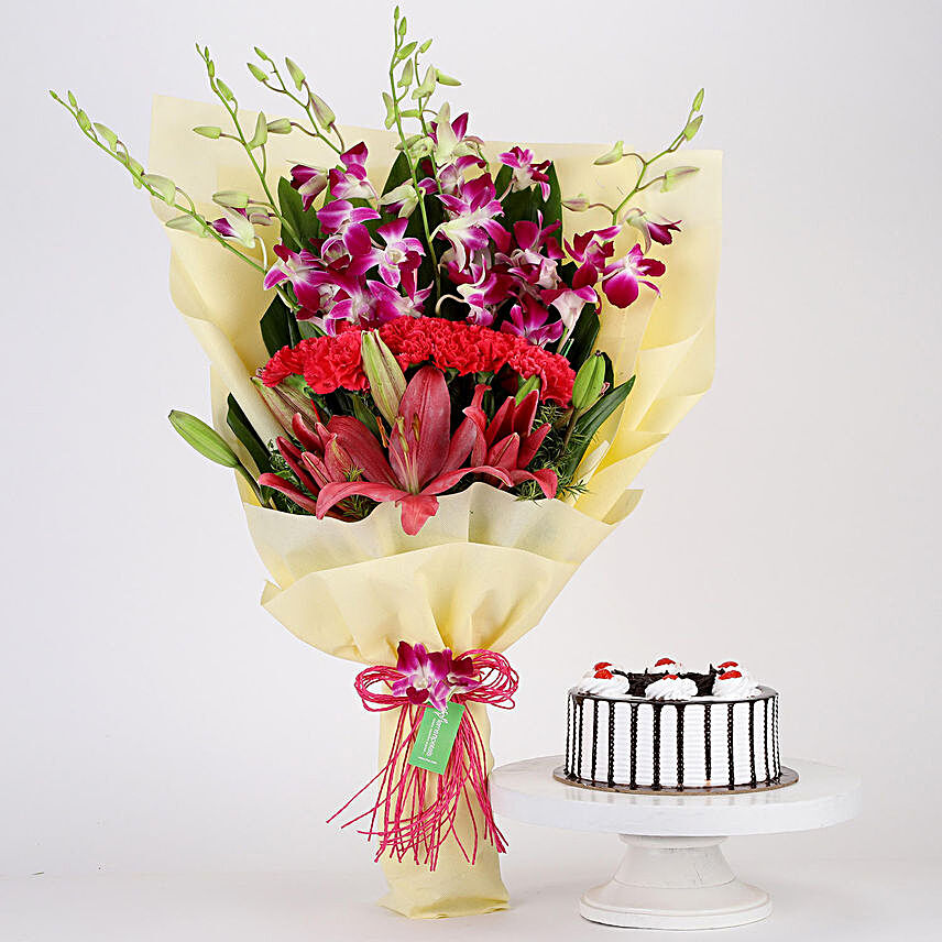 Pink & Purple Flowers & Black Forest Cake Combo
