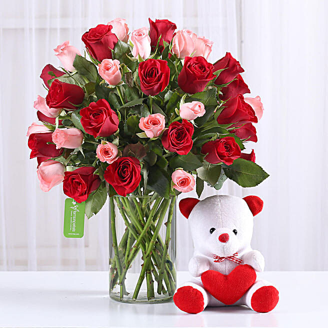Pink Teddy Bear With Red Roses