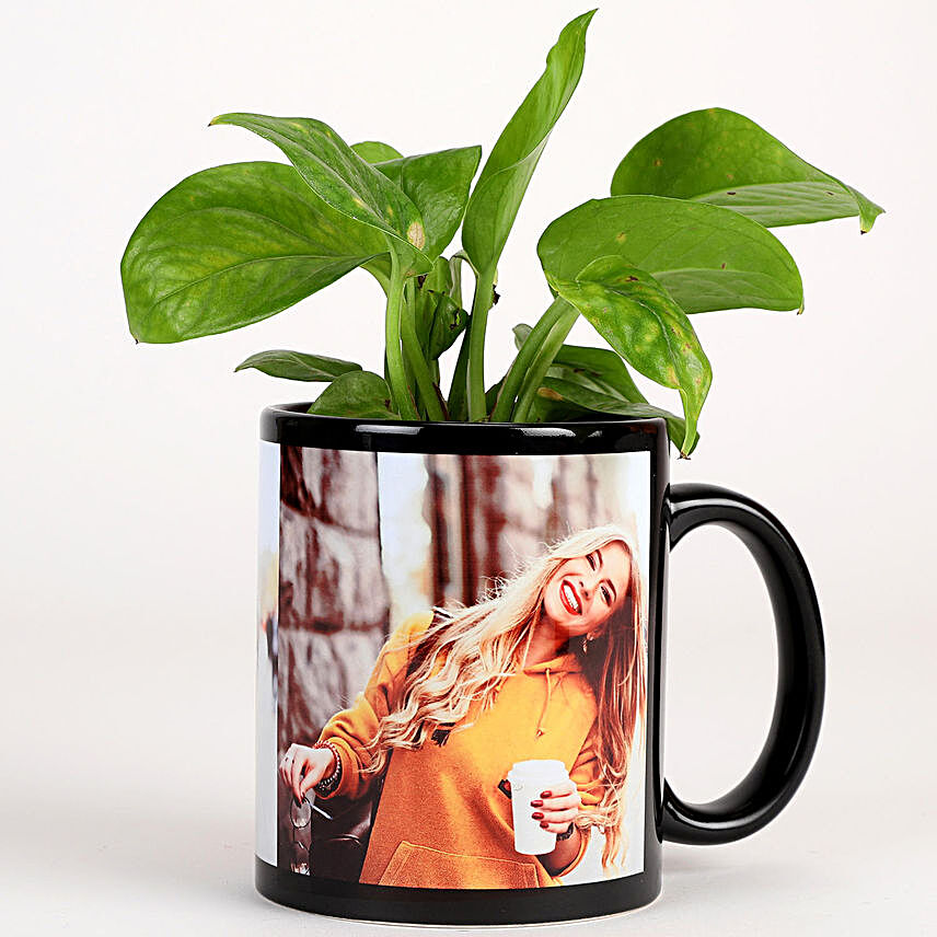 Black Personalised Mug With Money Plant