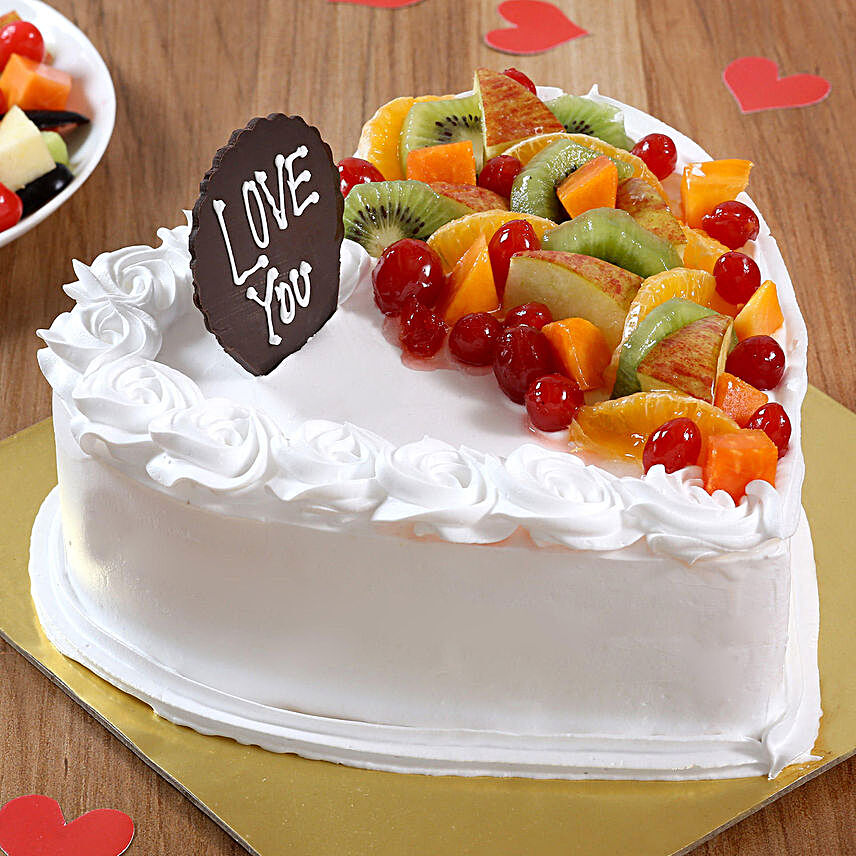 Creamy fruit  heart shape cake online:Order Eggless Cake For Birthday