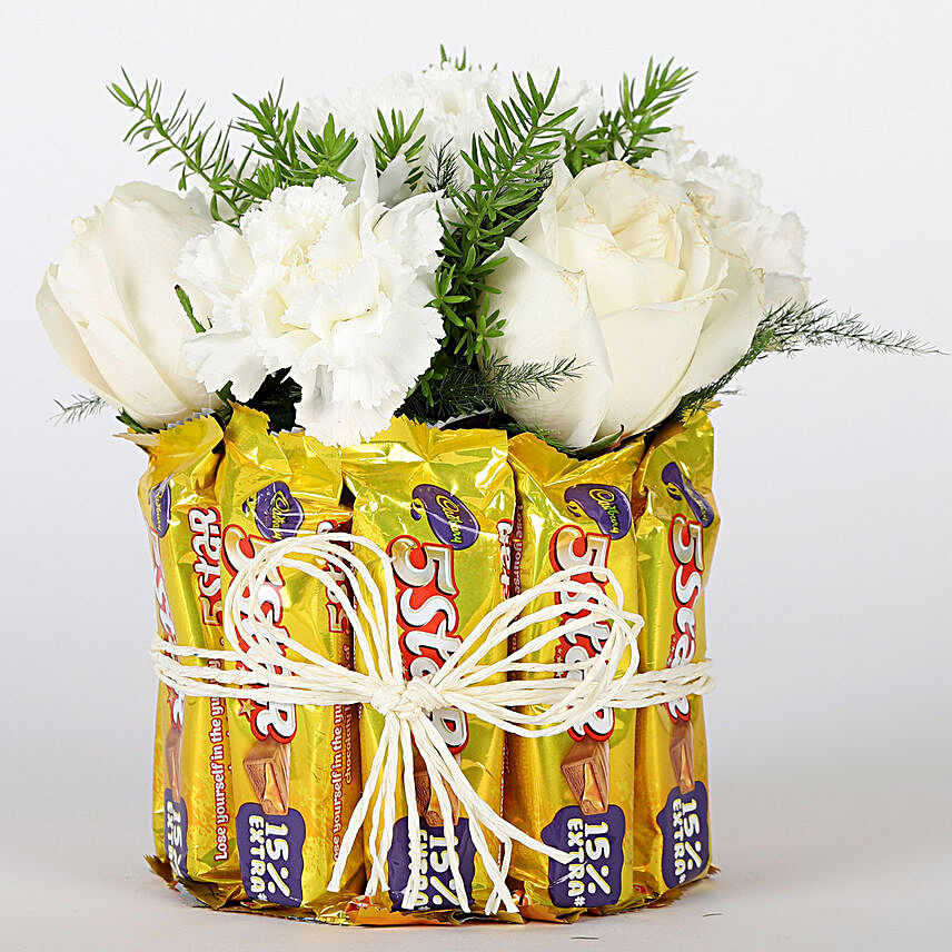 White Flower and Chocolate Combo:Flowers And Chocolate Delivery