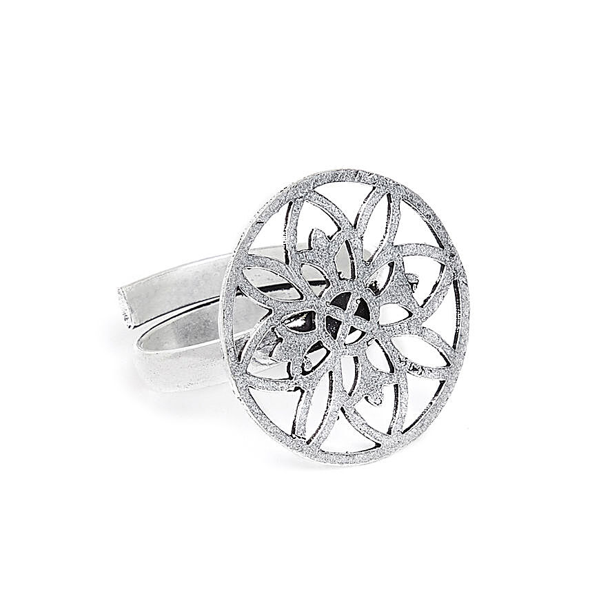 Adjustable Oxidized Silver Floral Ring