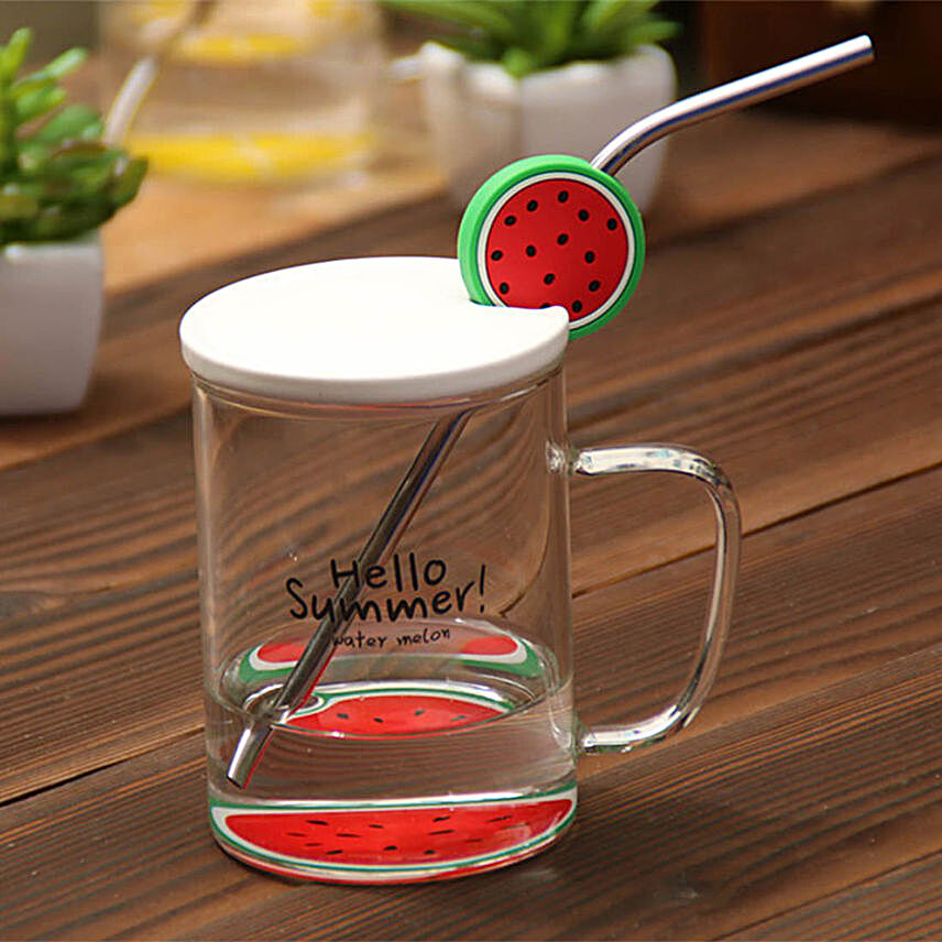 Glass Mug with Stainless Steel Straw- Watermelon