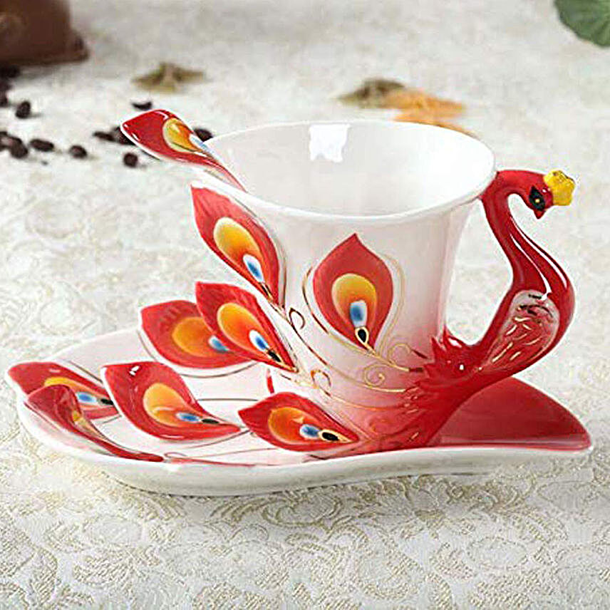 Hand Painted Peacock Tea Cup Set