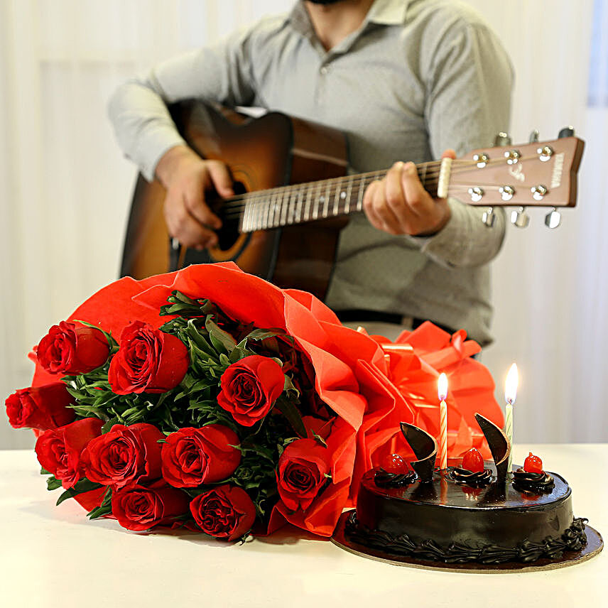 Chocolate Cake with Romantic Tunes Combo:Flowers & Guitarist Service