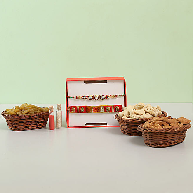 Buy/Send FengShui & Kundan Rakhi Dry Fruit Combo Online FNP
