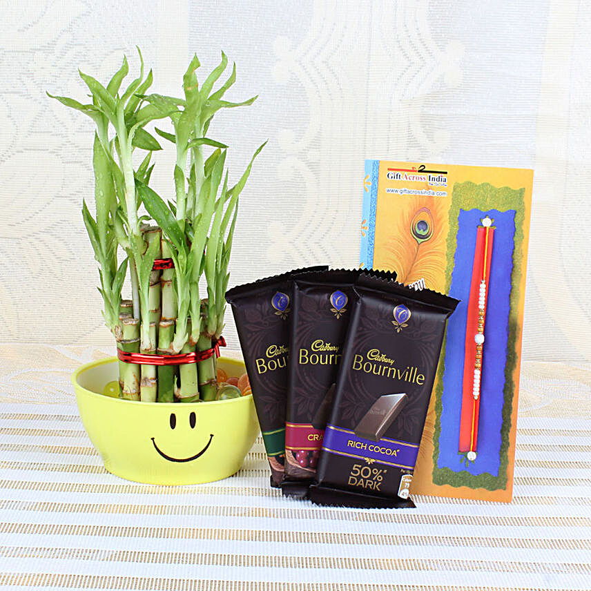 Online Chocolate With Designer Rakhi & Bamboo Plant:Raksha Bandhan Gifts for Brother