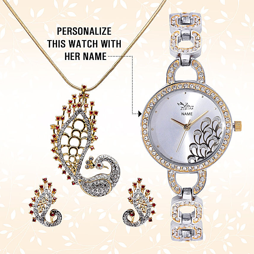 Personalised Watch & Designer Peacock Pendant Set