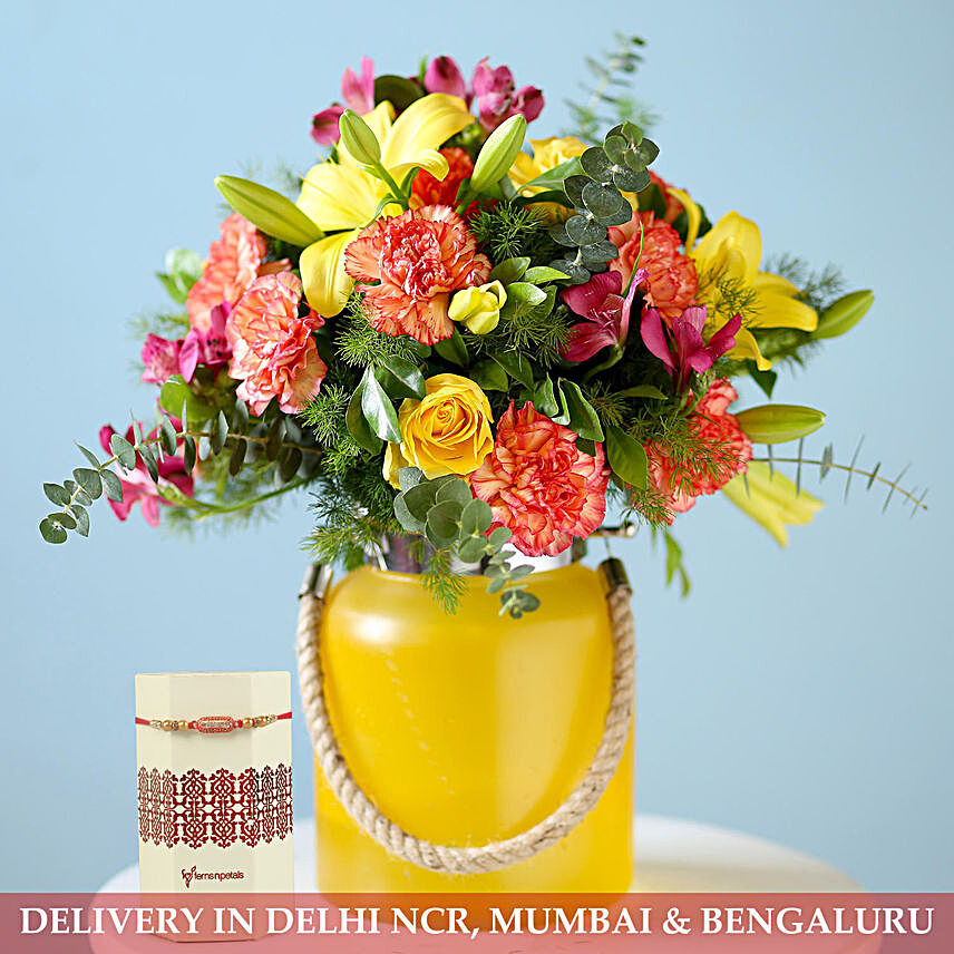 Yellow Jar Of Vibrant Flowers & Designer Rakhi