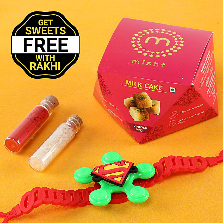 Superman Spinner Rakhi With Free Milk Cake Box