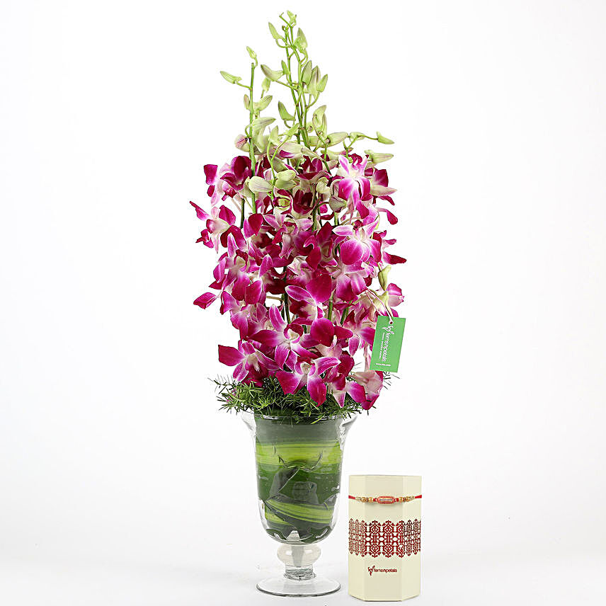 Purple Orchids Vase & Designer Rakhi
